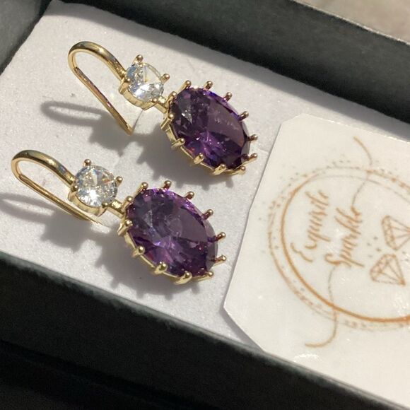 💜Elegant 10k Gold Vermeil Oval Cut Purple Amethyst Cz Diamond Hook Drop Earrings - Picture 12 of 16